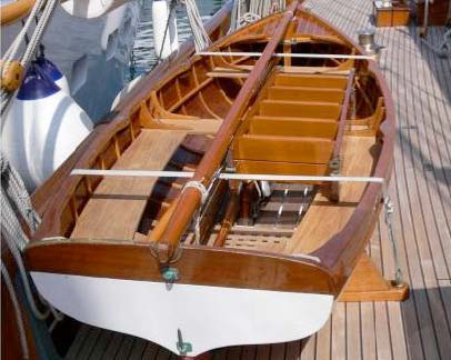 Clinker dinghy used for sailing and rowing as a tender for the mothership Thendara